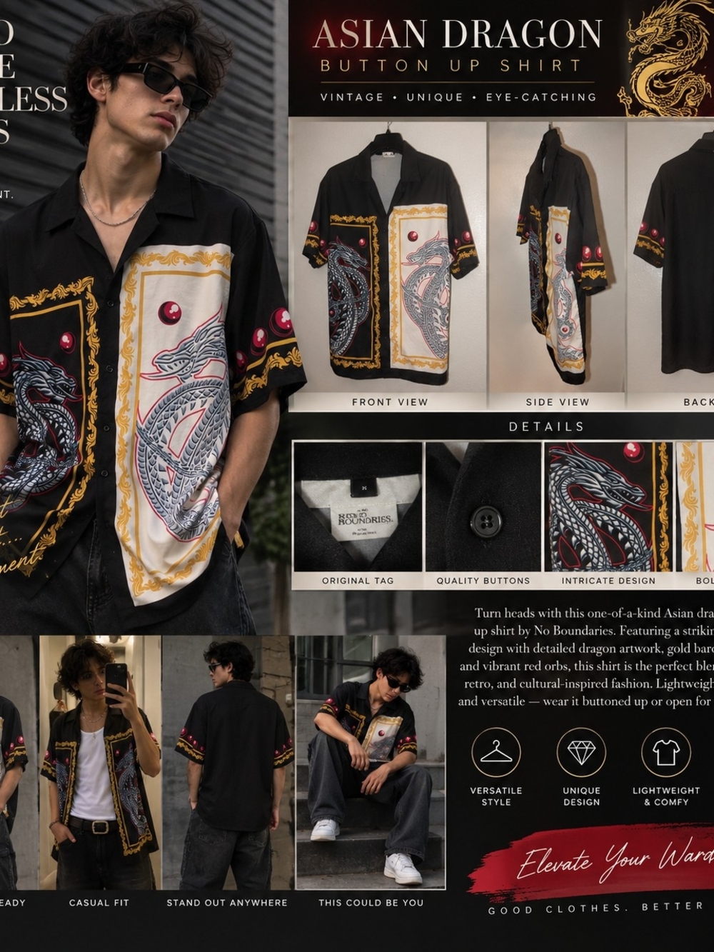 No Boundaries Black Dragon Print Short-Sleeve Button-Up Shirt